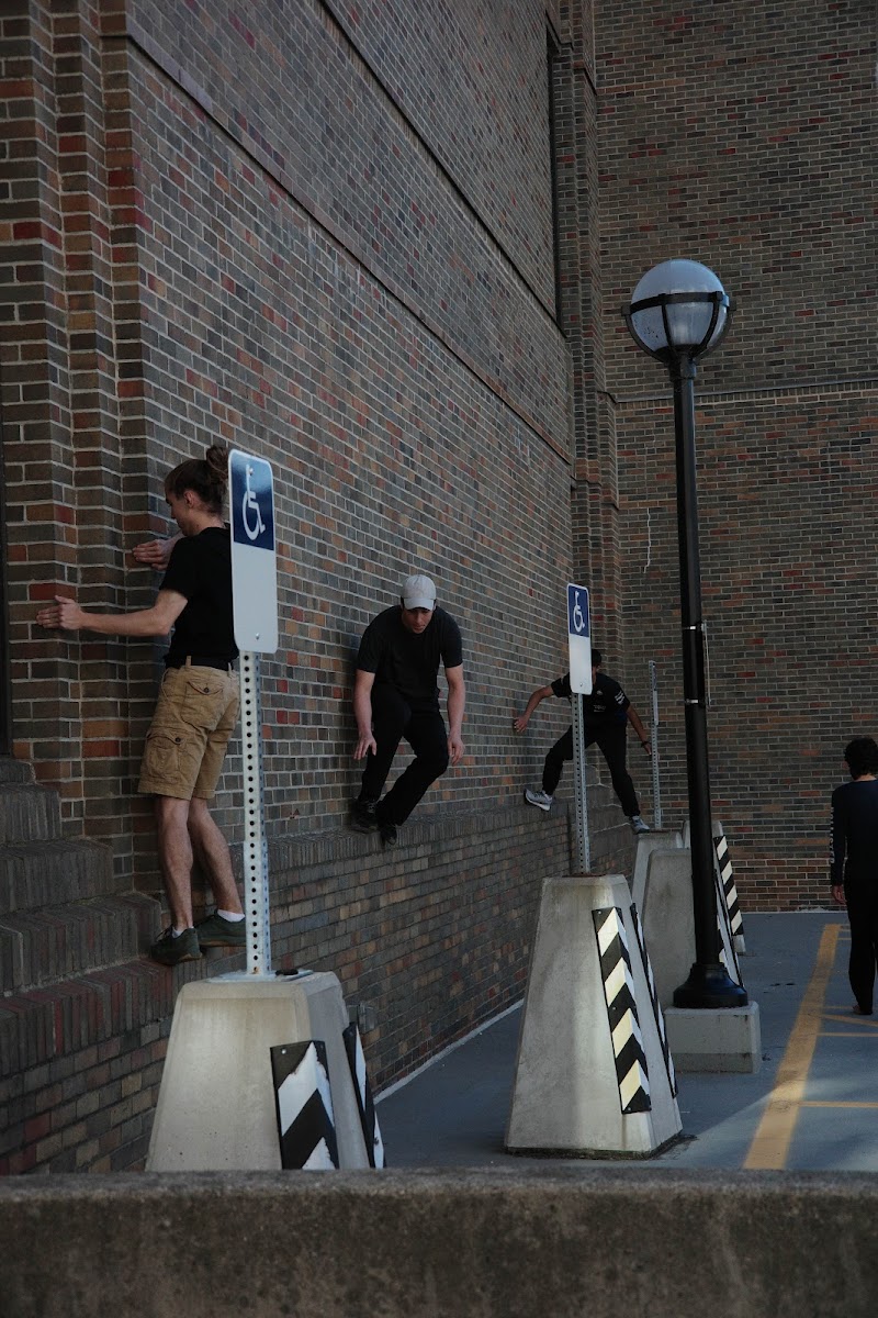 Michigan Parkour members training along a brick wall
